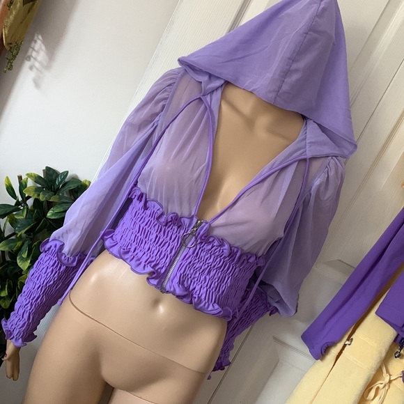 Y2K Custom purple Sheer mesh chiffon Sexy Hooded jacket top M - Picture 8 of 15